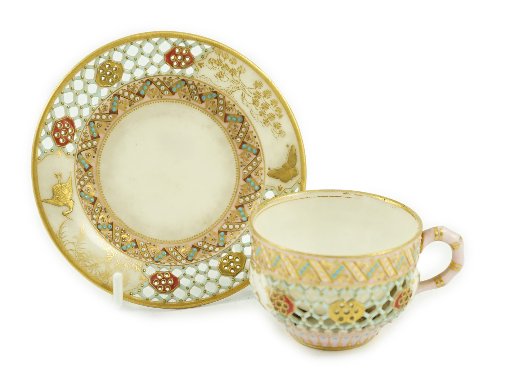 A Royal Worcester reticulated miniature cabinet cup and saucer, late 19th century